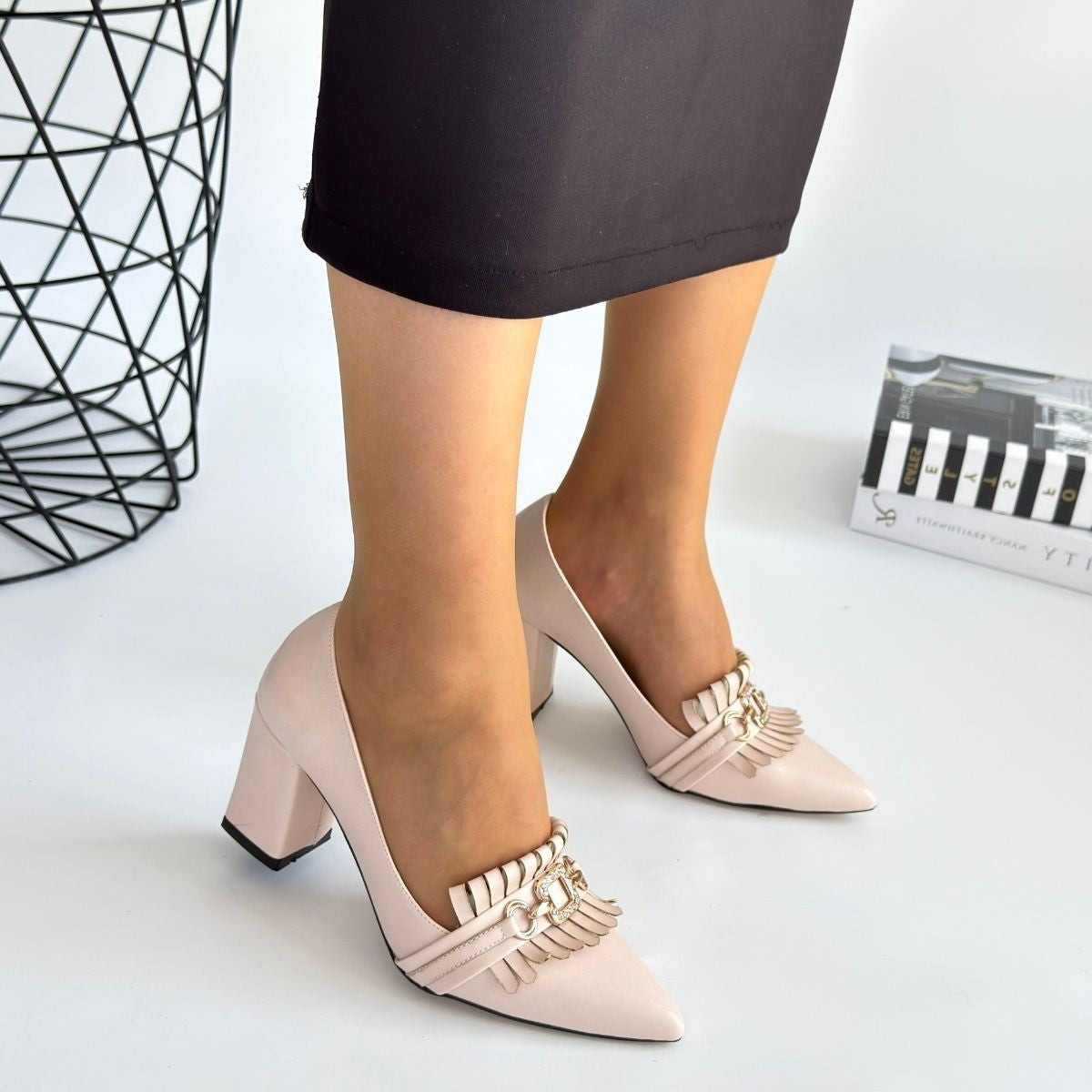 Farye Bej Cilt Topuklu Ayakkabı