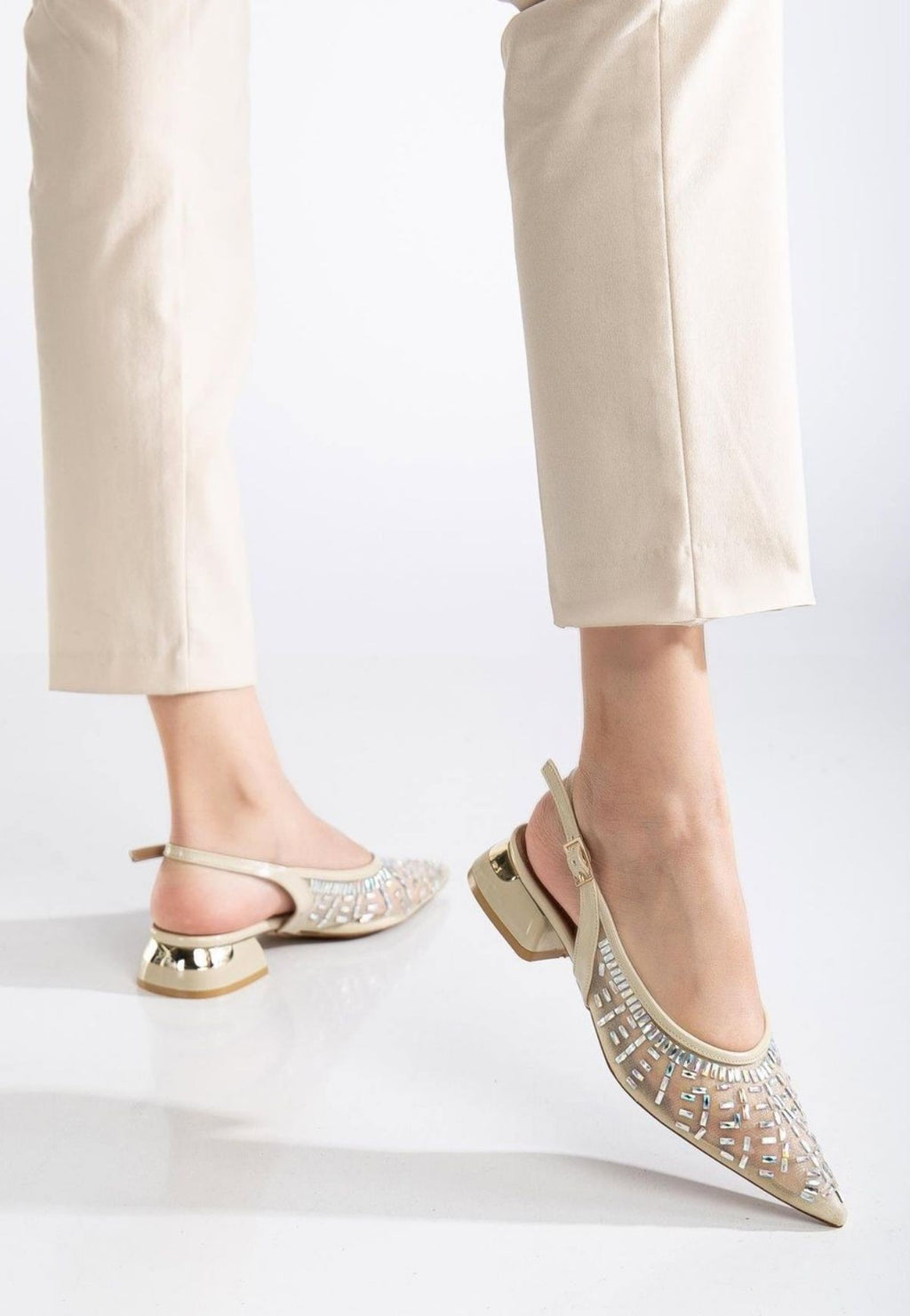 Piyar Bej Taşlı Topuklu Ayakkabı