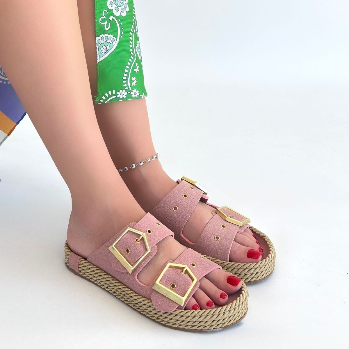 Loera Pudra Nubuk Çift Tokalı Terlik